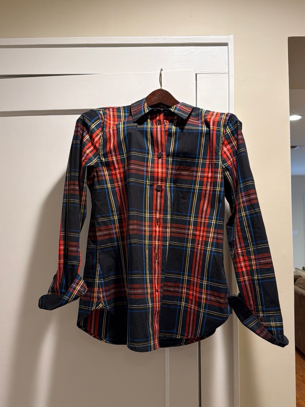J. Crew Navy Plaid Button-Down Shirt with Red and Yellow Stripes